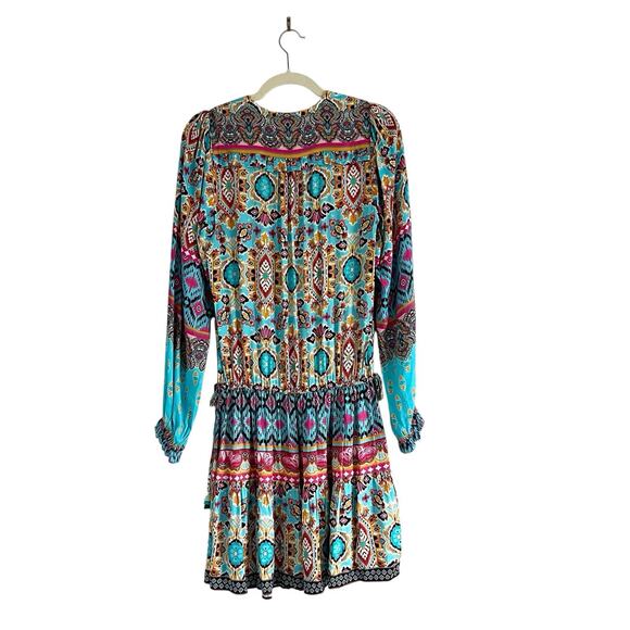 Hale Bob Oona mini Dress turquoise blue print Size M Boho chic Western Festival - Picture 4 of 12
